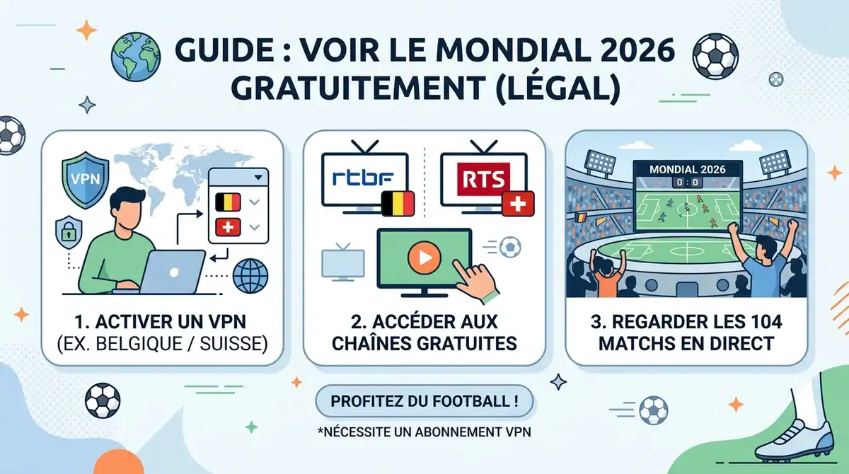 Infographie pour regarder la Coupe du Monde 2026 gratuitement via VPN sur les chaînes RTBF et RTS.