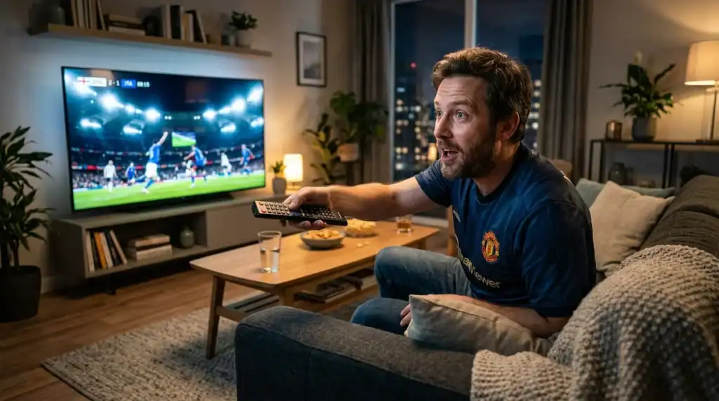 Fan de football devant sa télé pour la diffusion de la Coupe du Monde 2026 et les 104 matches gratuits.