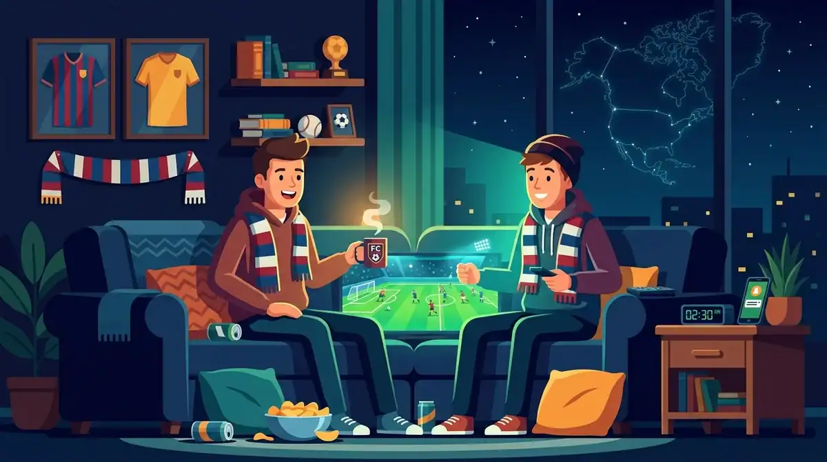 Fan de football regardant la diffusion des matches de la Coupe du Monde 2026 en direct la nuit sur sa télévision.