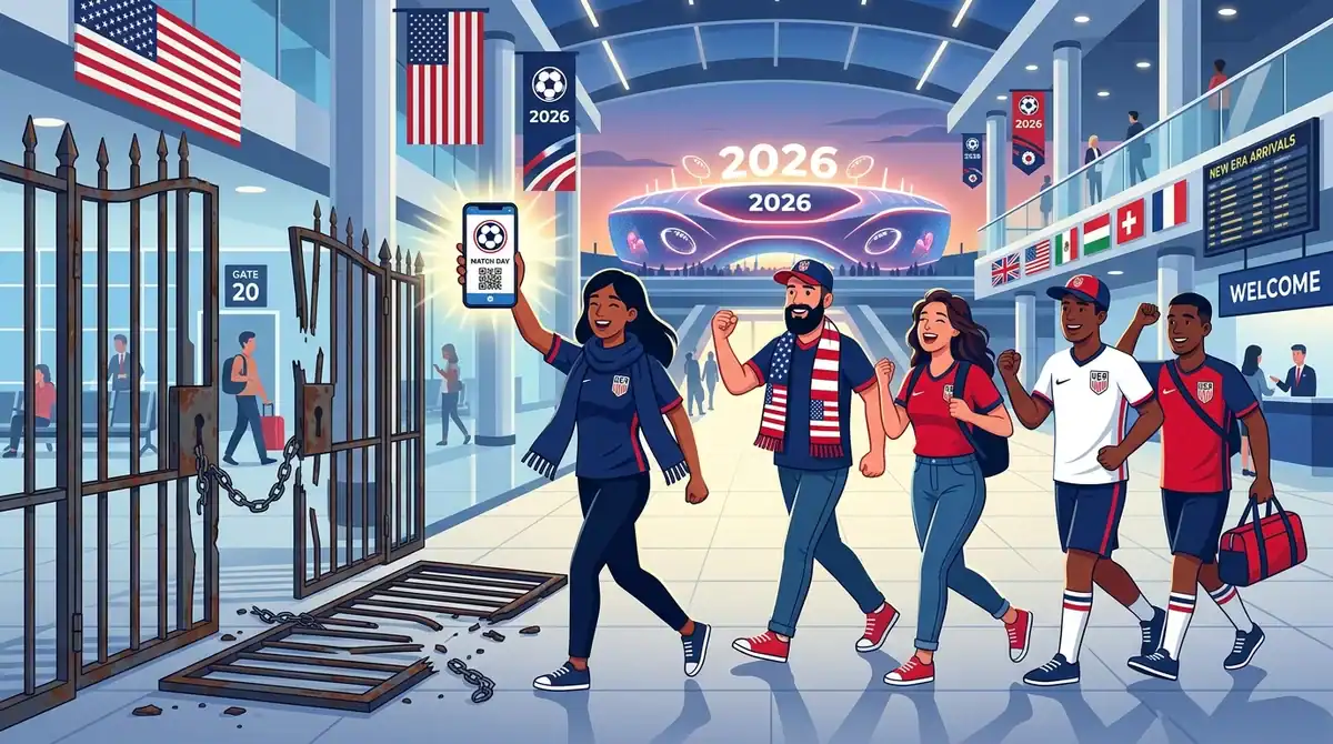 Supporters à l'aéroport pour la Coupe du Monde 2026 USA, illustrant l'exemption de caution pour le visa américain.