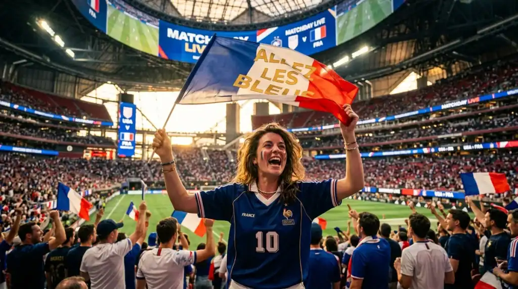 Supporter français dans un stade américain pour la Coupe du Monde 2026, guide exemption visa USA.
