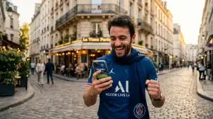 Supporter du PSG joyeux sur son smartphone utilisant Noomba Sport dans une rue de Paris, style cinematographique.