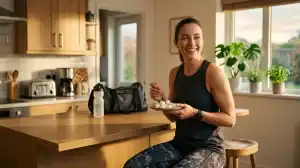 Athlète dégustant du fromage blanc allégé pour sportifs, option peu calorique idéale pour la nutrition en 2026.