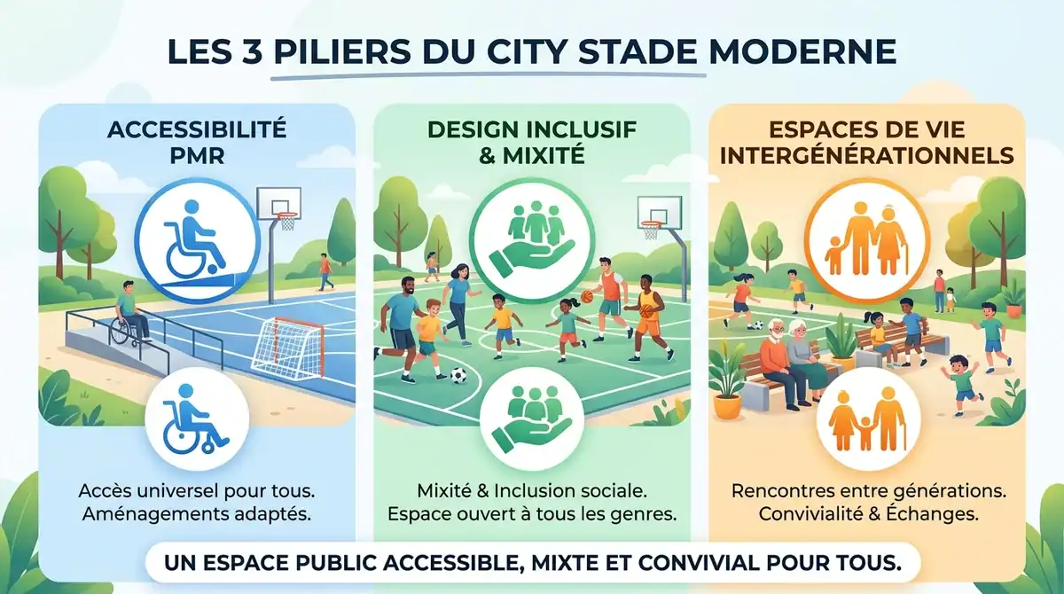 Infographie des 3 piliers du city stade moderne : accessibilité PMR, design inclusif et espace intergénérationnel.