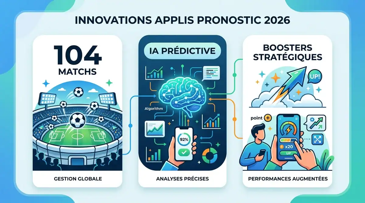 Infographie innovations applis pronostics Coupe du Monde 2026 : IA prédictive et boosters stratégiques.