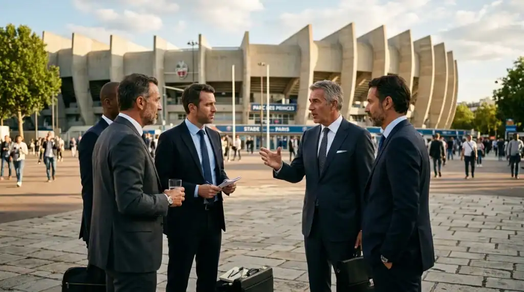 Direction du PSG et Luis Campos en discussion stratégique devant le Parc des Princes à Paris.