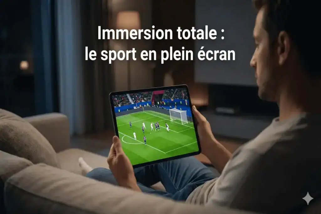Supporter regardant un match de foot en plein écran sur tablette dans son salon.