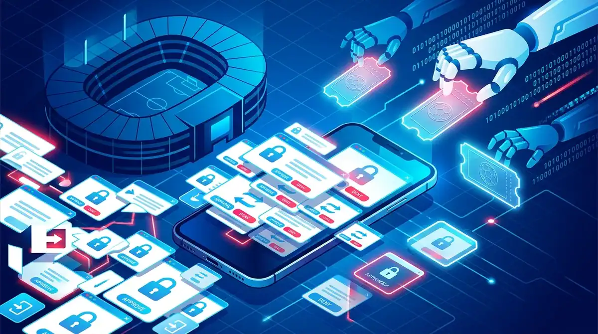 Illustration cybersecurite : smartphone cible par un piratage de compte FIFA 2026 et vol de billets numeriques.