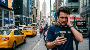 Supporter inquiet face au piratage de compte FIFA 2026 et vol de billets numériques sur son smartphone.