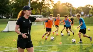 Coach dirigeant une préparation physique avant-saison de football amateur sur un terrain d'entraînement.