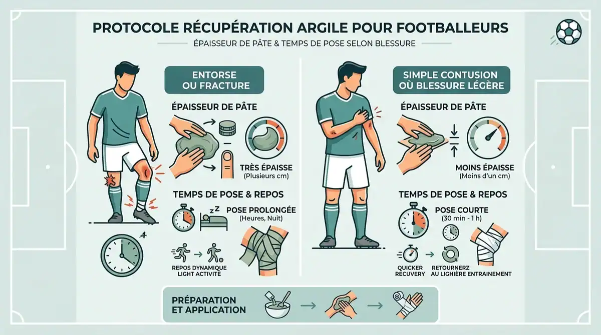 Infographie du protocole de récupération par cataplasme d'argile verte pour footballeurs : pose et épaisseur.