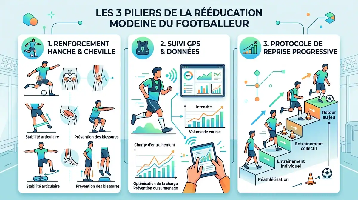Infographie des 3 piliers de rééducation du syndrome de l'essuie-glace : renforcement, suivi GPS et reprise progressive.