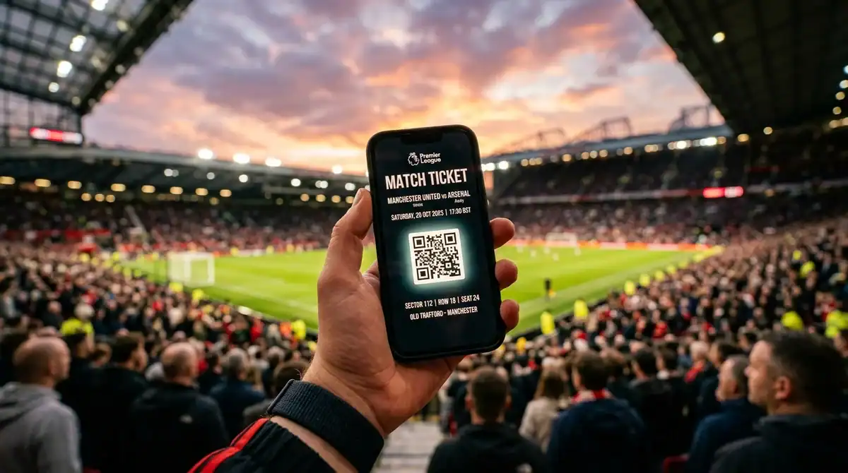 Smartphone affichant un billet digital avec QR code pour la revente officielle FIFA Coupe du Monde 2026.