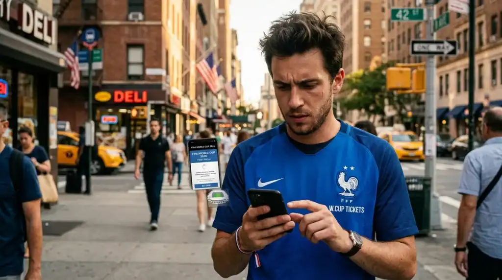 Supporter français achetant des billets sur la revente officielle FIFA Coupe du Monde 2026 via smartphone.