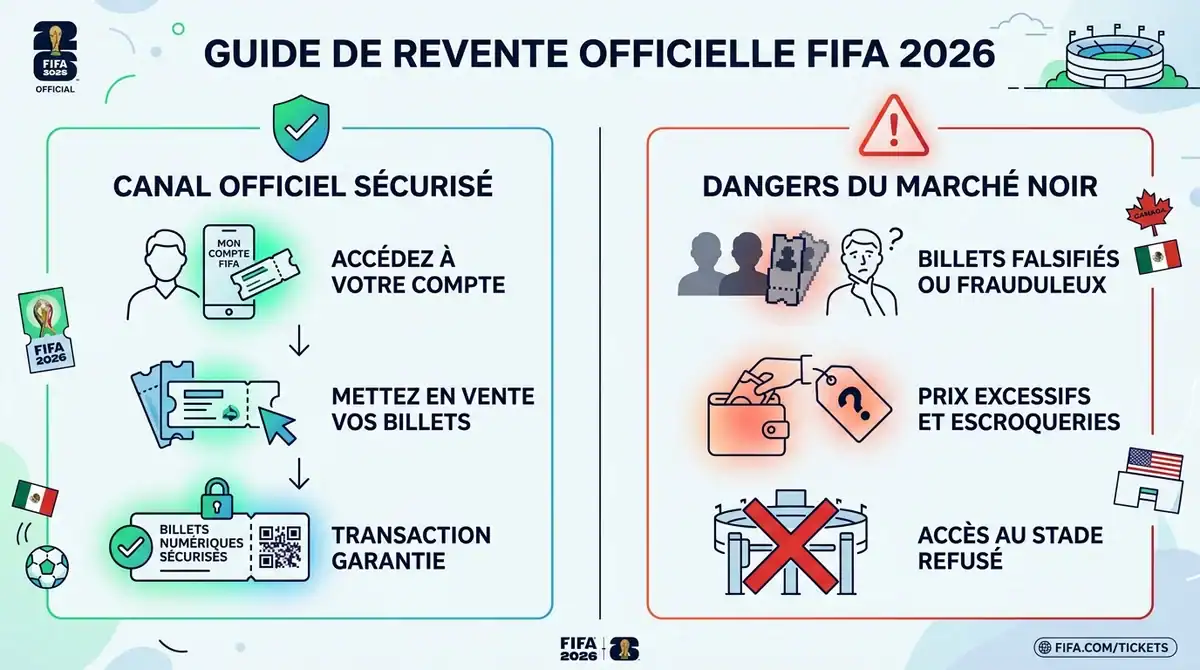 Infographie guide revente officielle FIFA 2026, billets numériques sécurisés et dangers du marché noir.
