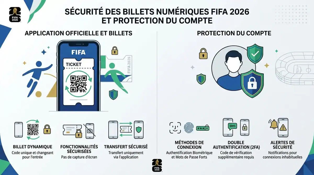 Infographie sur la sécurité des billets FIFA 2026 et protection contre le piratage de compte sur l'application.