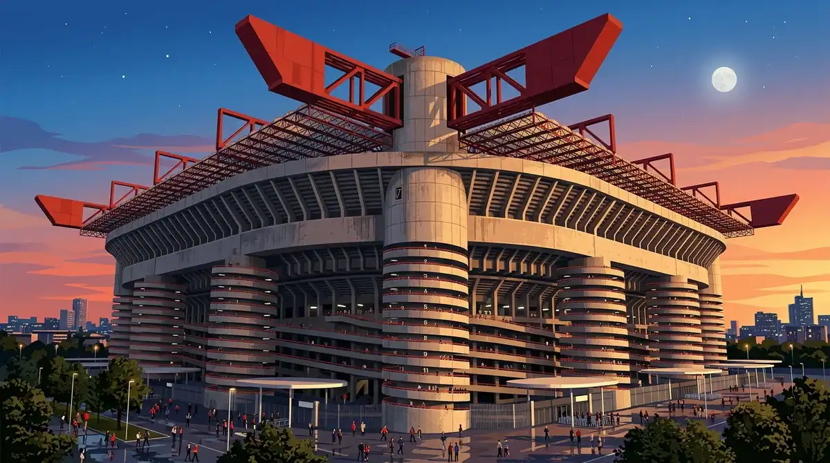 Illustration du stade San Siro de Milan, architecture brutaliste iconique et tours cylindriques au crépuscule.