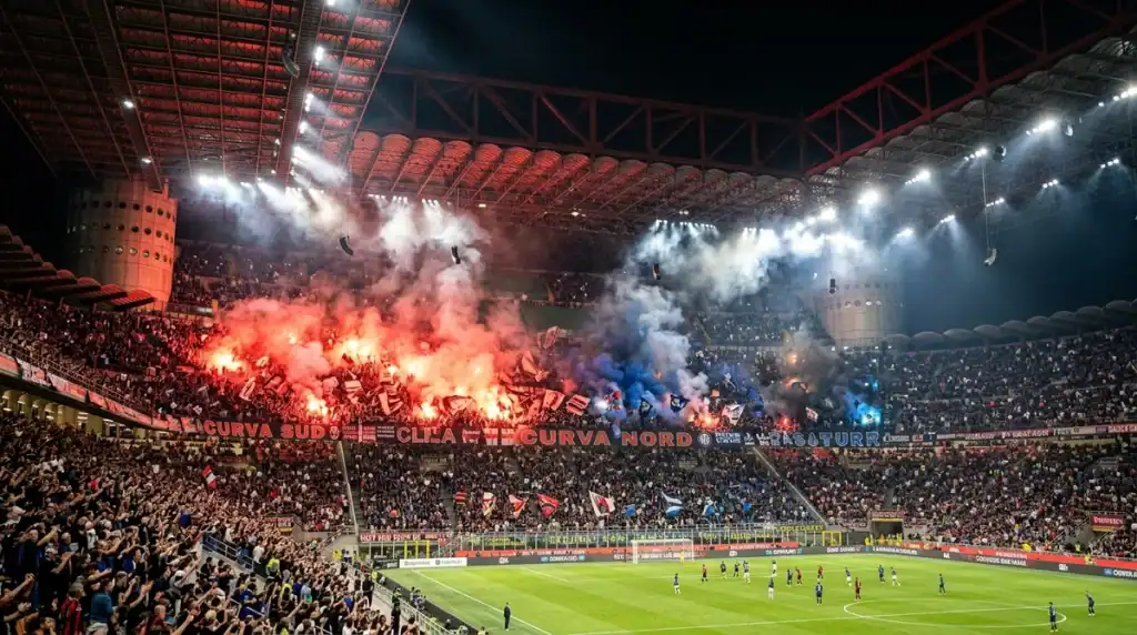 Ambiance électrique au stade San Siro de Milan pendant le derby avec fumigènes rouges et bleus et supporters.