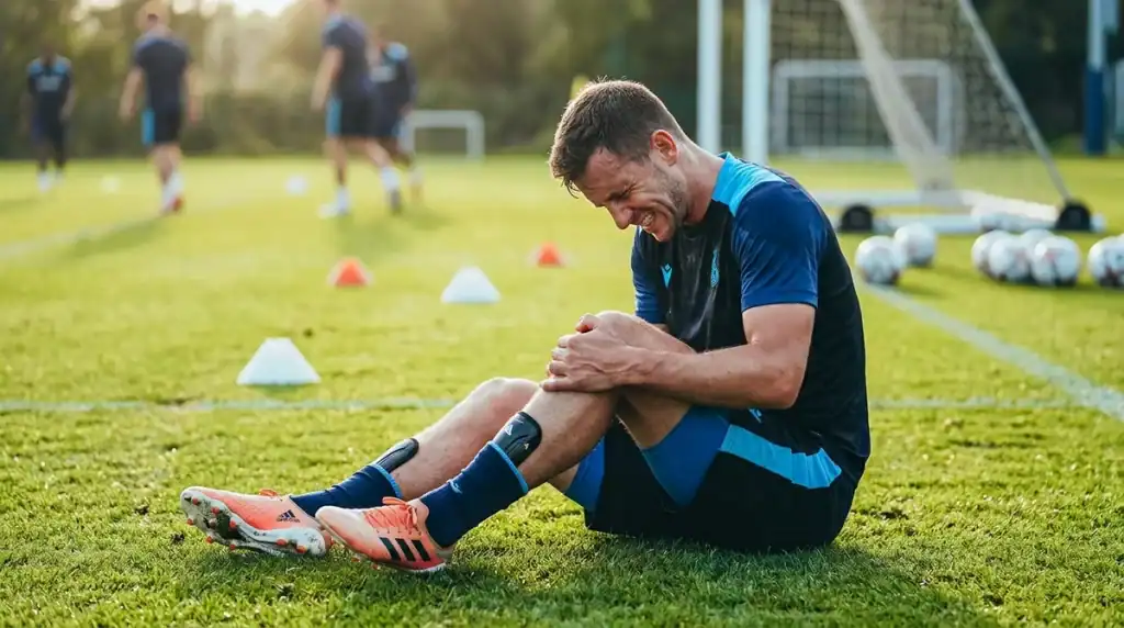 Footballeur assis sur le terrain souffrant d'une douleur au genou liée au syndrome de l'essuie-glace.