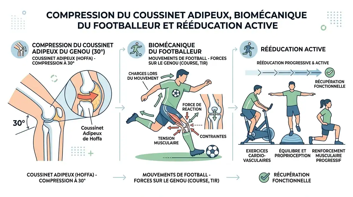 Infographie syndrome essuie-glace footballeur : biomécanique du genou à 30° et rééducation active.