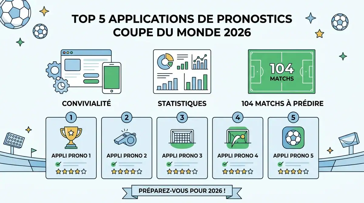 Infographie des 5 meilleures applis de pronostics entre amis pour les 104 matchs de la Coupe du Monde 2026.