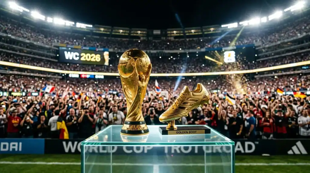 Trophée de la Coupe du Monde FIFA 2026 et Soulier d'Or du meilleur buteur dans un stade de football illuminé.