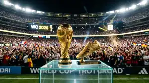 Trophée de la Coupe du Monde FIFA 2026 et Soulier d'Or du meilleur buteur dans un stade de football illuminé.