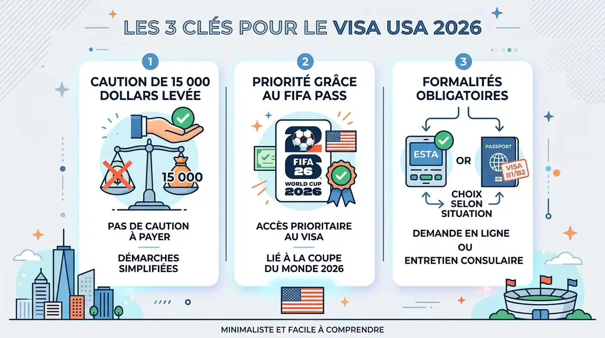 Infographie visa USA 2026 : exemption caution 15000$, priorité FIFA PASS et formalités obligatoires ESTA ou B1/B2.