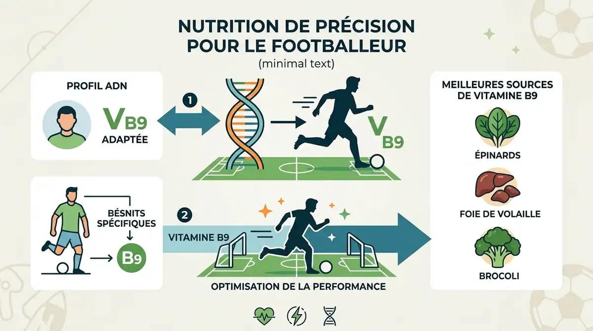 Infographie vitamine B9 pour footballeur : nutrition ADN, épinards et foie de volaille pour la performance.