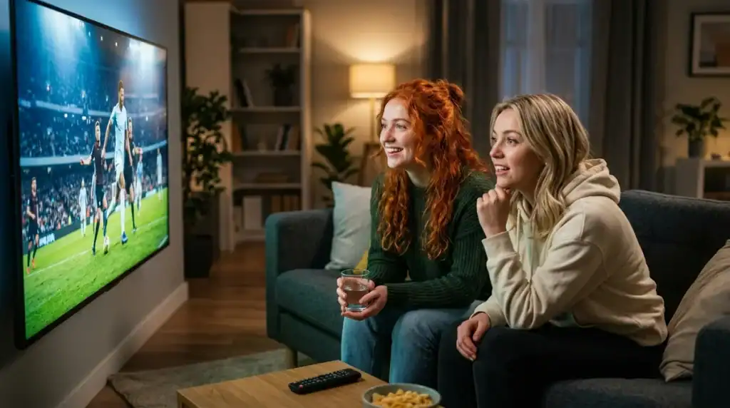 Deux femmes regardent un match de la Coupe du Monde 2026, illustrant l'essor de Bet365 en France.