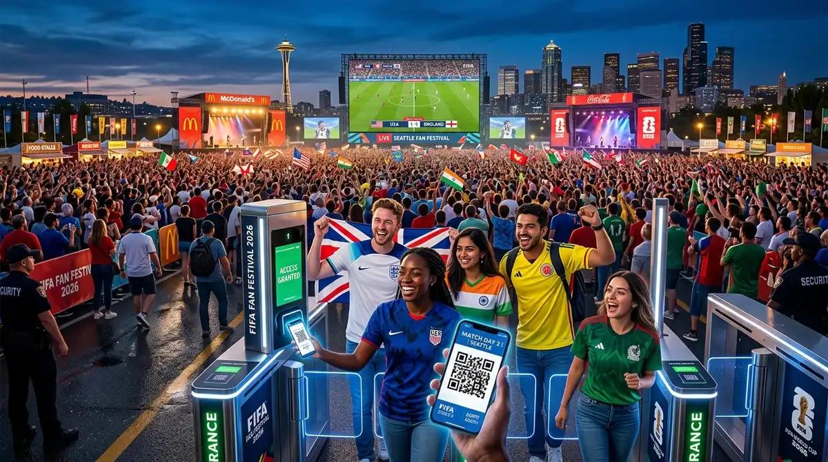 Supporters entrant dans une Fan Zone du Mondial 2026 avec QR code devant un écran géant lors du FIFA Fan Festival.