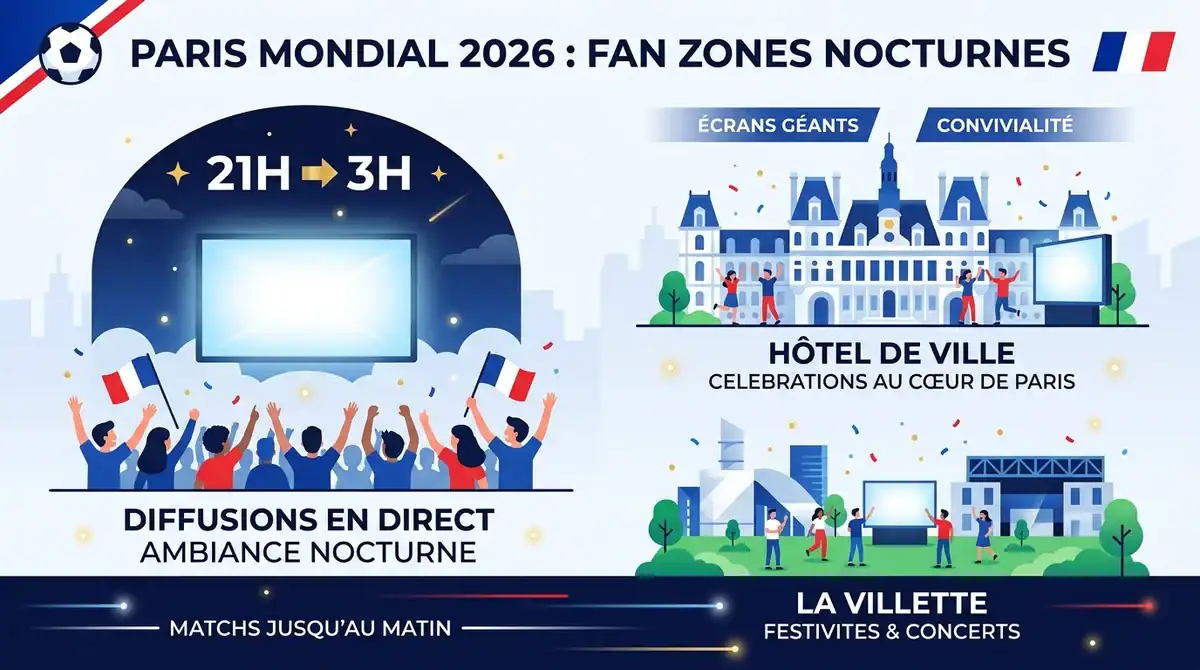 Infographie des Fan Zones de Paris pour le Mondial 2026 à l'Hôtel de Ville et La Villette, ambiance festive nocturne.