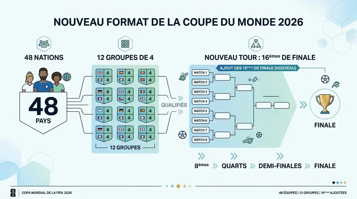 Infographie du nouveau format Coupe du Monde 2026 : 48 nations, 12 groupes de 4 et phase de 16èmes de finale.