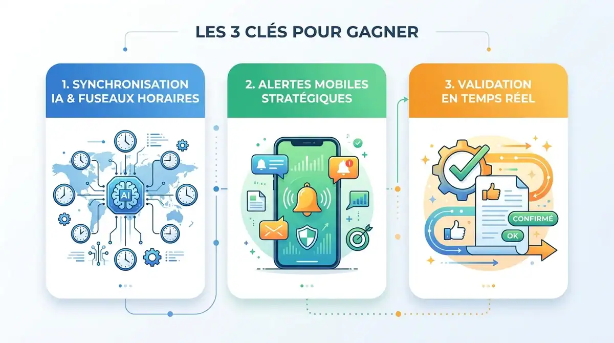 Infographie des 3 clés pour gagner sur Ma Grosse Pelouse : IA, alertes mobiles et validation Coupe du Monde 2026.