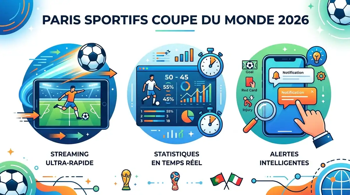 Infographie paris sportifs Coupe du Monde 2026 : streaming, statistiques live et alertes intelligentes.