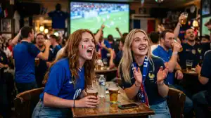Supportrices françaises en maillot bleu suivant le Mondial 2026 dans un bar pour parier sur le foot.
