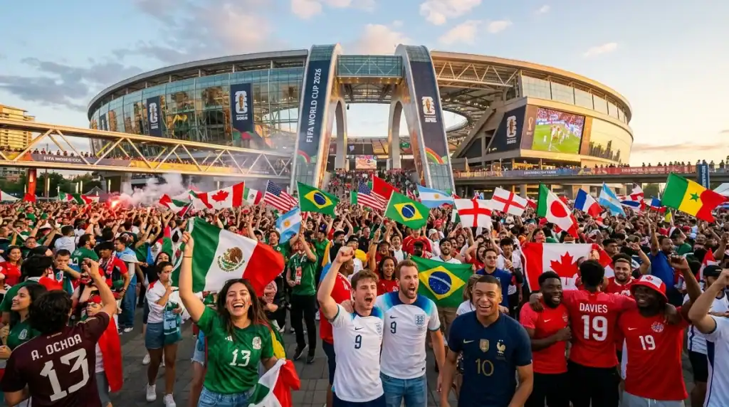 Supporters de football devant un stade moderne pour la Coupe du Monde 2026 et son nouveau format.