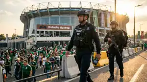 Police mexicaine avec biométrie et brouilleur de drone devant un stade pour le plan de sécurité Mexique 2026.