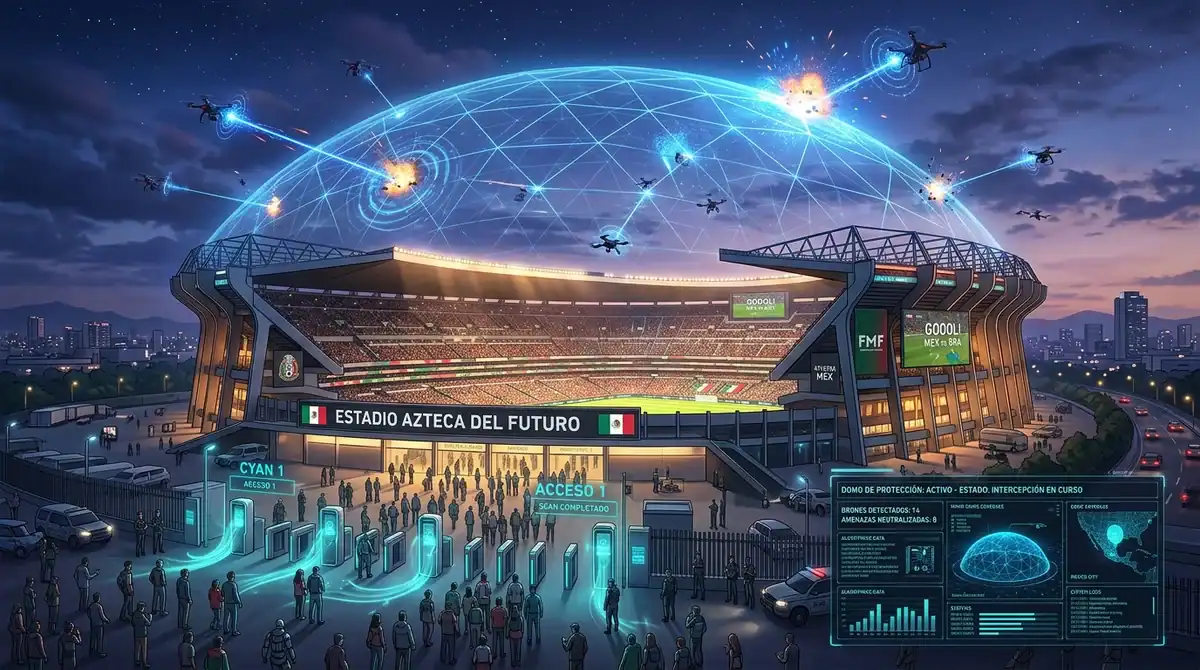 Illustration du plan Mexique 2026 : stade protégé par brouilleurs de drones et terminaux de biométrie sécurisés.