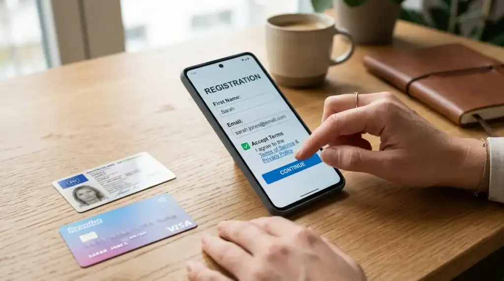 Main remplissant un formulaire d'inscription sur smartphone pour un site de paris en ligne respectant le RGPD.