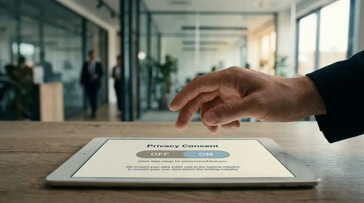 Main interagissant avec un bouton de consentement RGPD sur tablette pour la protection des données dans les paris