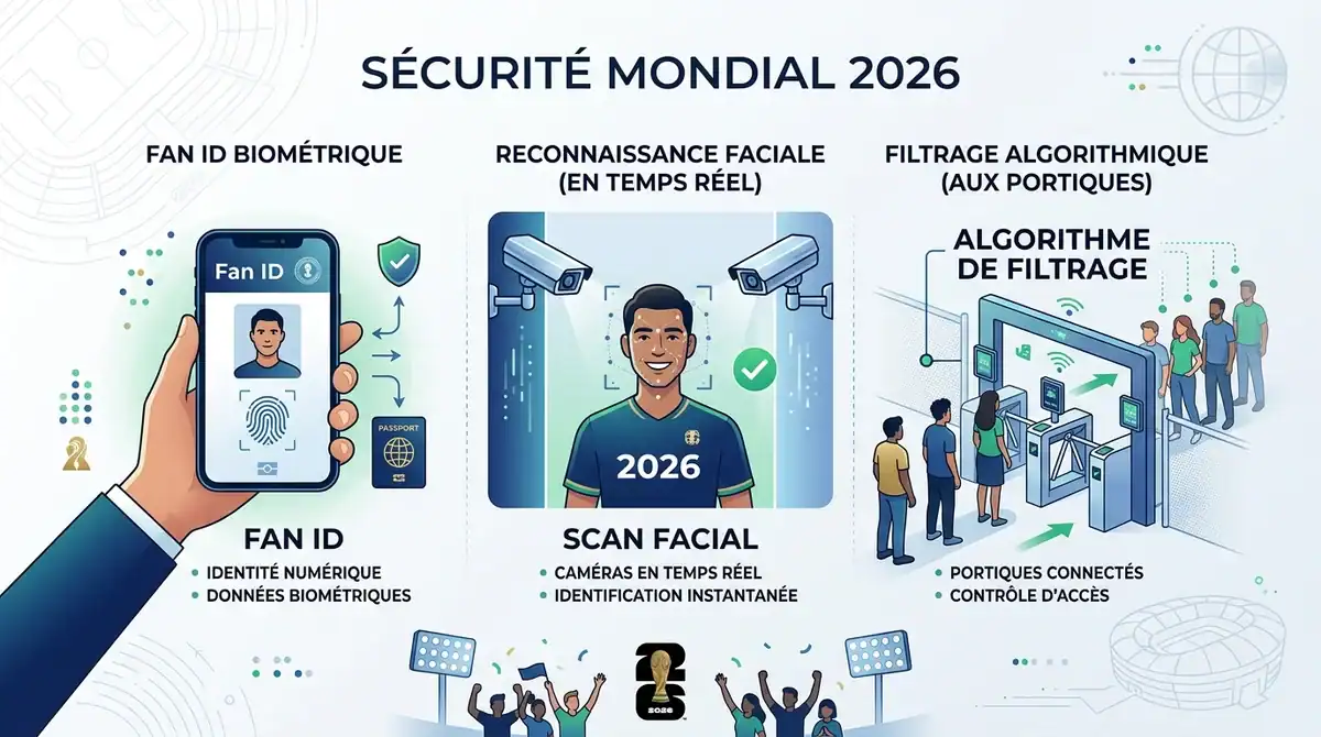 Infographie sécurité Mondial 2026 : biométrie, reconnaissance faciale et brouilleurs de drones au Mexique.