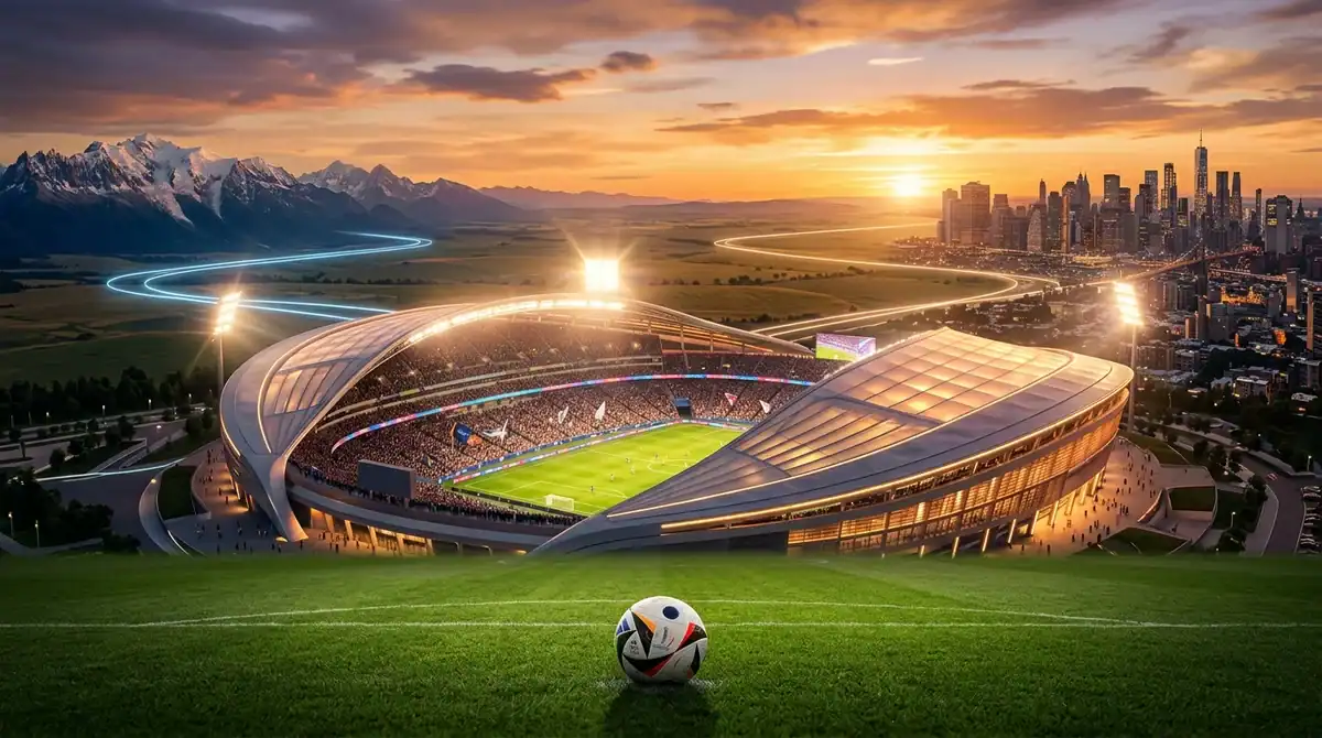 Ballon de foot sur un terrain en Amérique du Nord pour illustrer le nouveau format de la Coupe du Monde 2026.