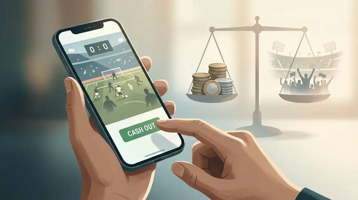 Illustration minimaliste montrant une main utilisant l'option cash-out sur smartphone lors d'un pari sportif.
