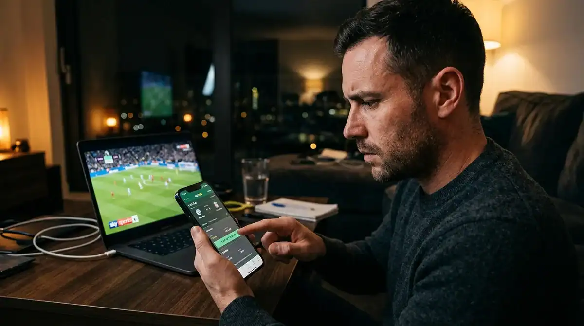 Parieur sportif concentré sur son smartphone utilisant l'option cash-out pendant un match en direct sur ordinateur.