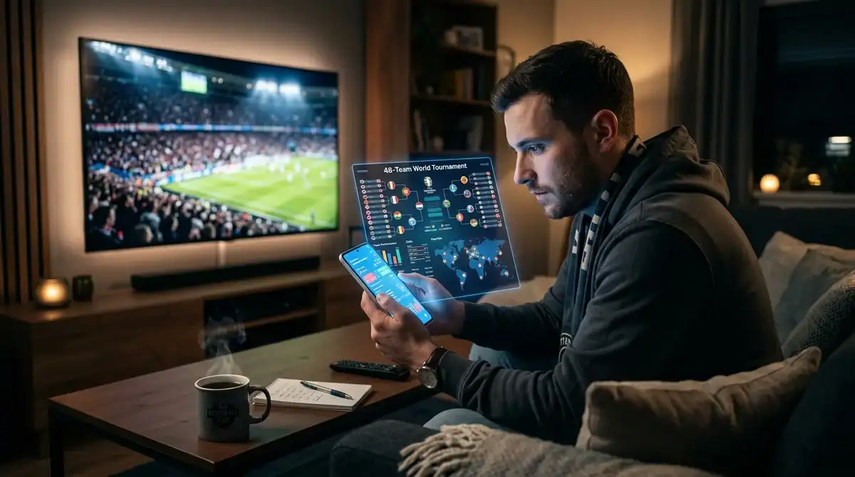 Fan analysant les données de la Coupe du Monde 2026 sur l'application Ma Grosse Pelouse pour gagner.