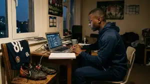 Jeune joueur de football analysant des tactiques sur ordinateur pour le jeu de gestion de carrière Destiny Eleven.