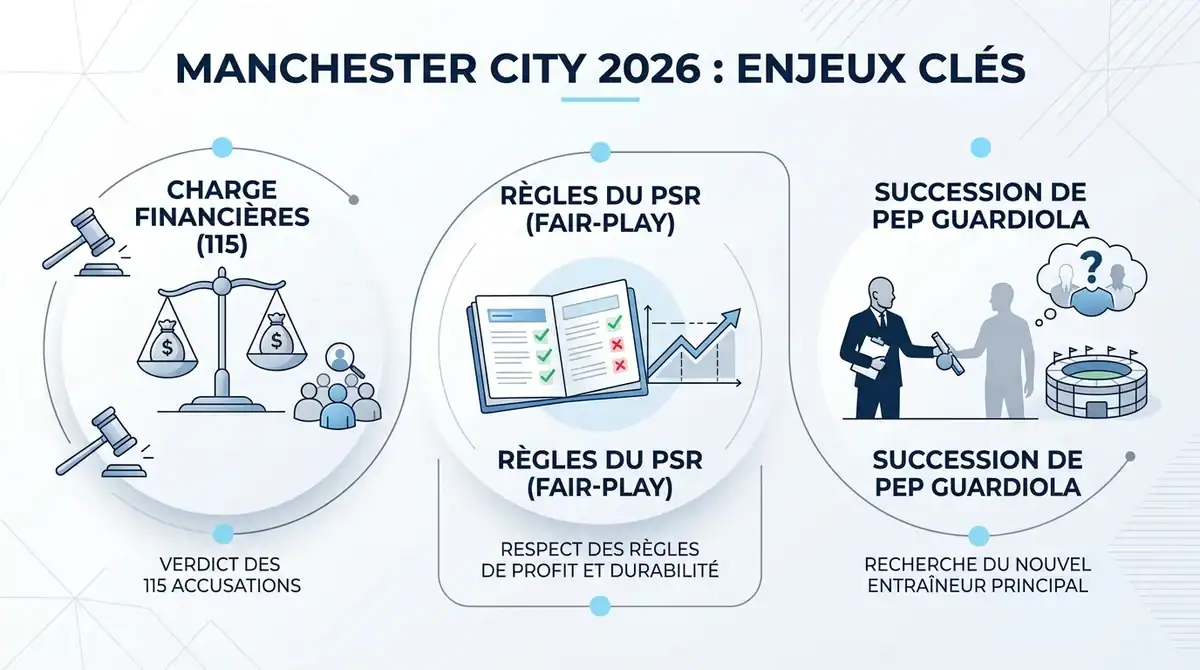 Infographie Manchester City 2026 : verdict des 115 charges financières et succession de Pep Guardiola.
