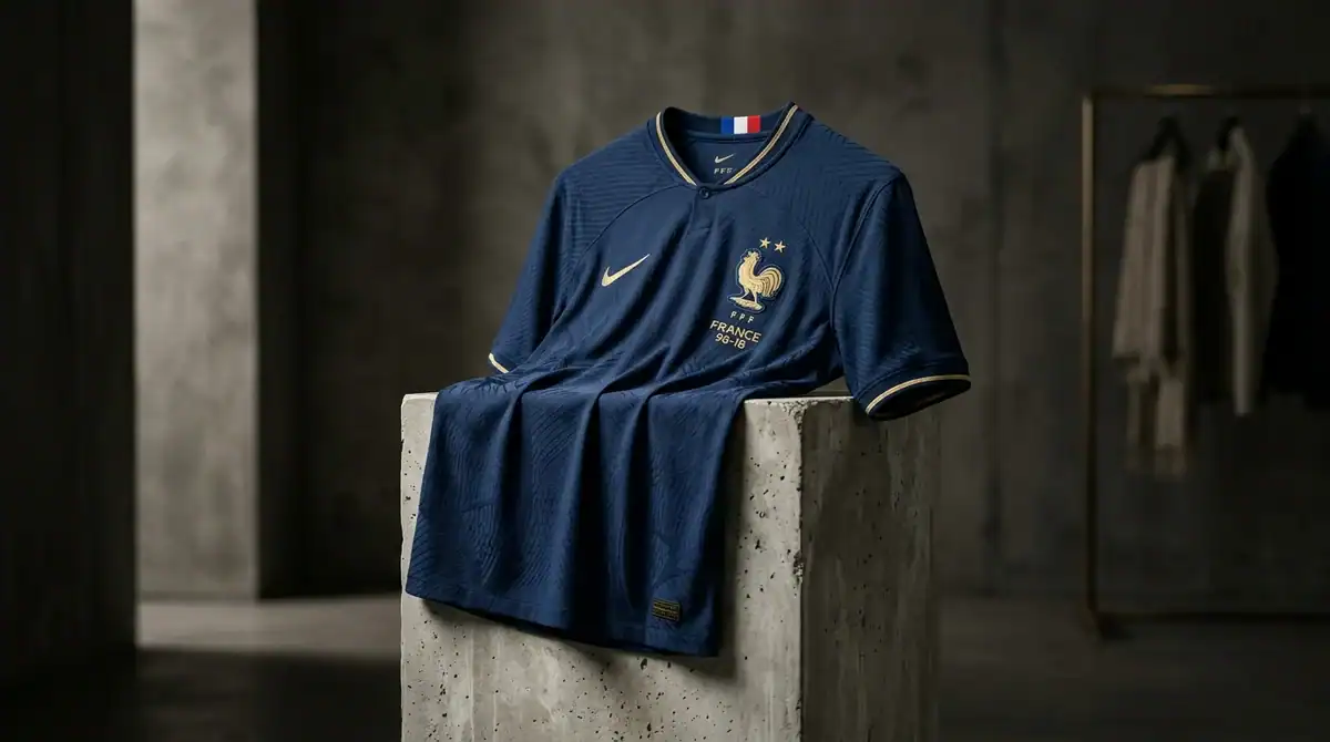 Maillot de l'équipe de France mis en scène comme un article de luxe sur un socle avec des détails dorés élégants.