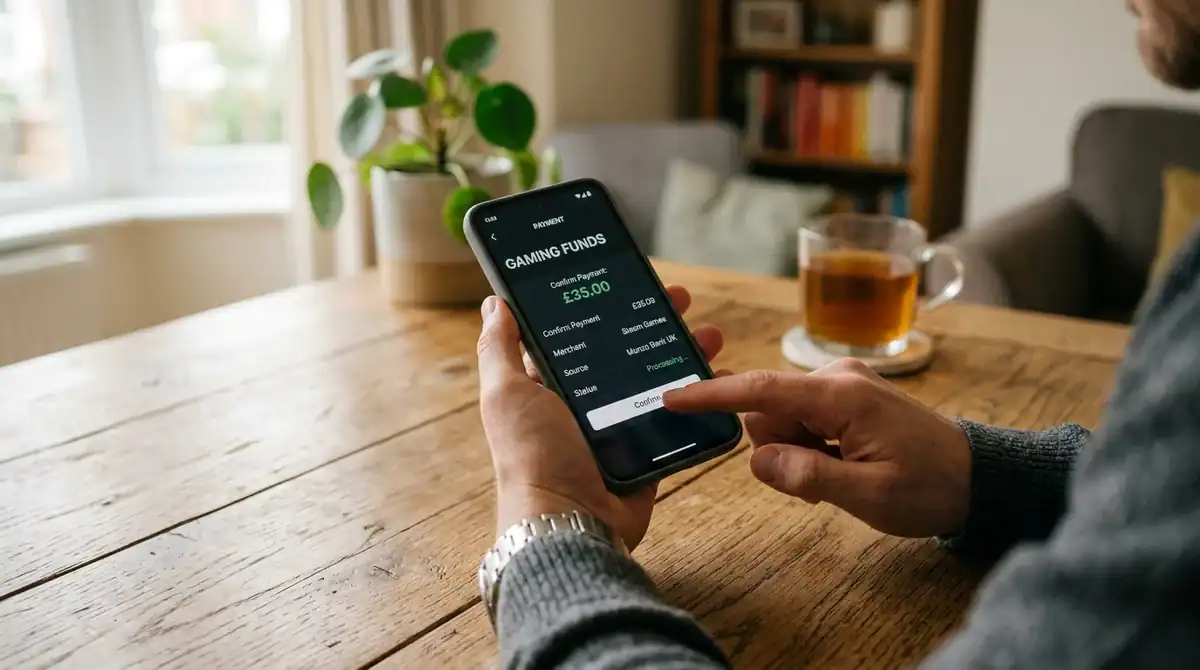 Personne utilisant une application de paiement sécurisée sur smartphone pour des paris en ligne dans un intérieur.